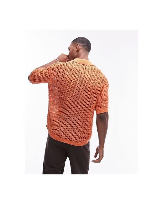 Topman Orange Open Crochet Knitted Polo for men