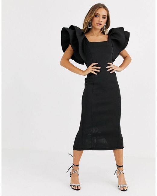 Missguided Black Ruffle Sleeve Square Neck Scuba Midi Dress