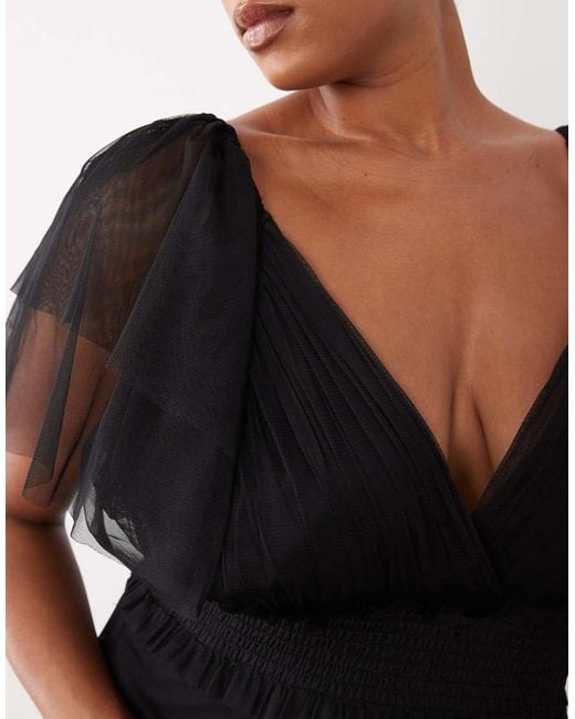 Lace & Beads Plus Black Bridesmaid Shirred Waist V-neck Mesh Flutter Sleeve Maxi Dress