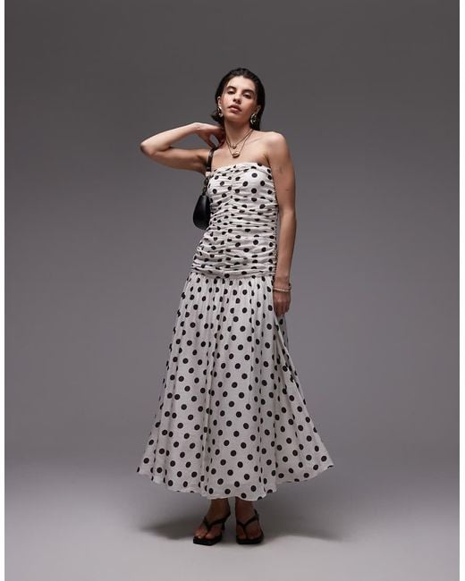 Mango White Bandeau Maxi Dress With Dropped Waist And Ruched Bodice