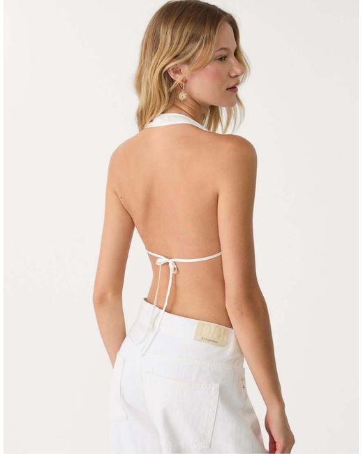Stradivarius White Halter Top With Sequin Embroidery