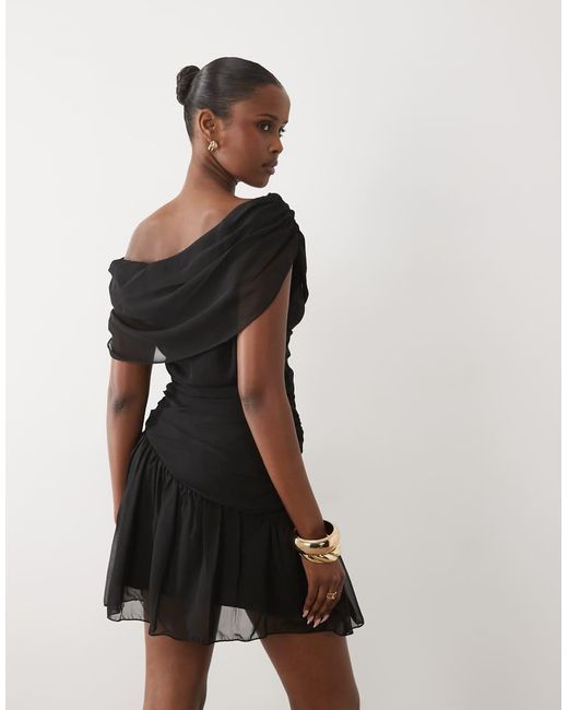 Fashionkilla Black Exclusive Chiffon Off Shoulder Asymmetric Hem Mini Dress