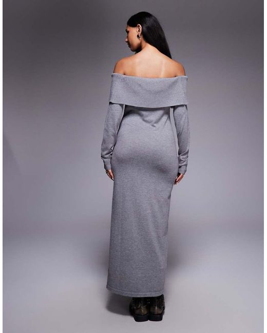 Kaiia Gray Exclusive Slouchy Bardot Foldover Knitted Maxi Dress