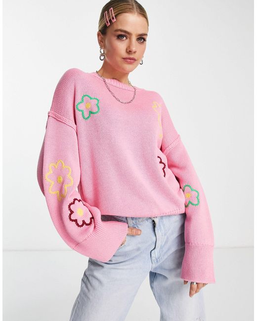ASOS Synthetic Jumper With Flower Embroidery in Pink | Lyst