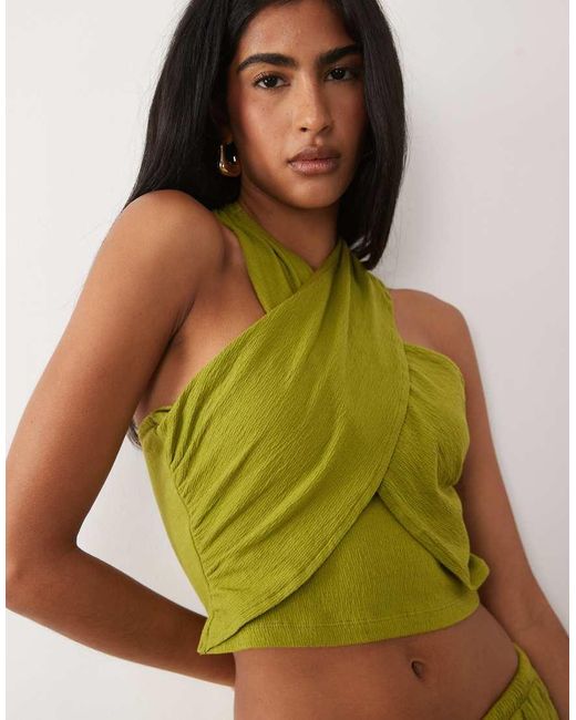 ASOS Green Mix And Match Cotton Crinkle Crossover Halter Neck Top