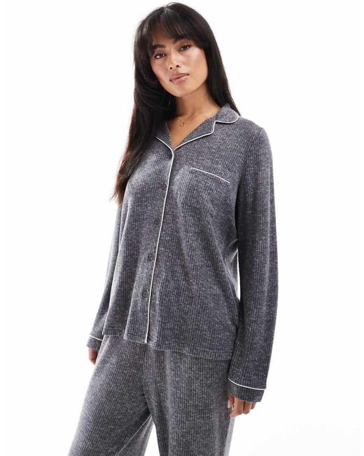 Loungeable Blue Marl Brushed Rib Long Sleeve Buttoned Pyjamas