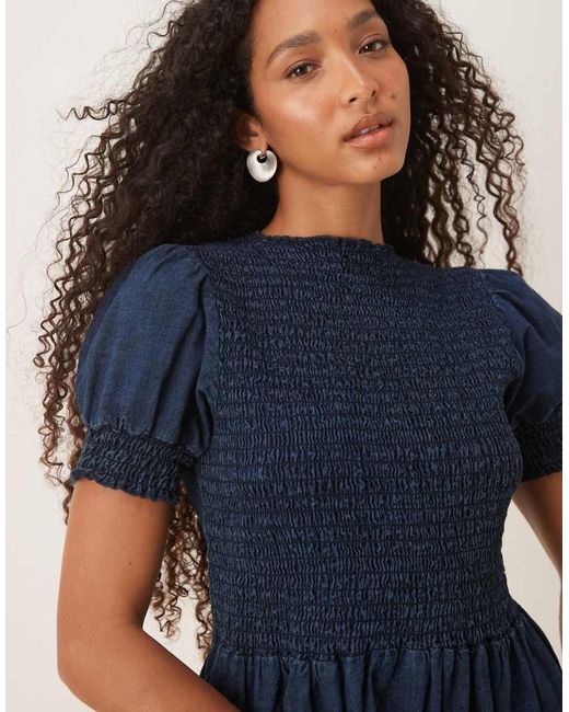 ASOS Blue Puff Sleeve Denim Mini Dress With Shirred Front