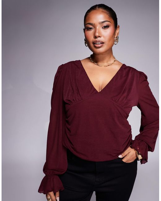 ASOS Red Asos Design Curve Semi Sheer Long Sleeve V-neck Top