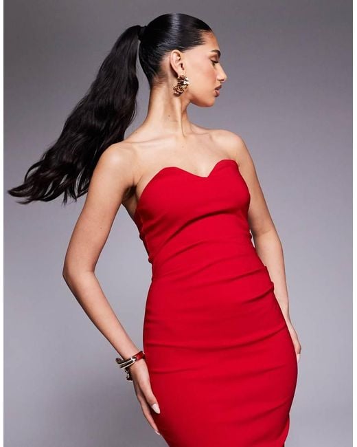 Vesper Red Bandeau Sweetheart Neckline Midi Dress