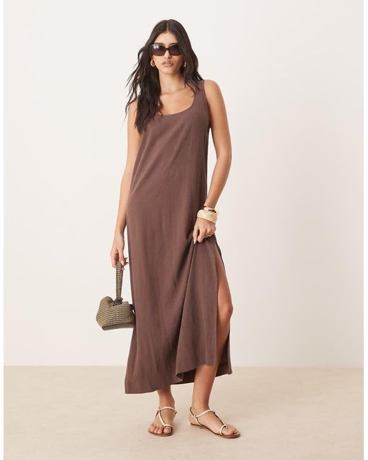 ASOS Natural Scoop Neck Midi Dress With Linen
