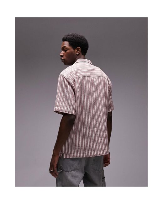 Topman Purple Short Sleeve Relaxed Revere Textu Stripe Shirt for men