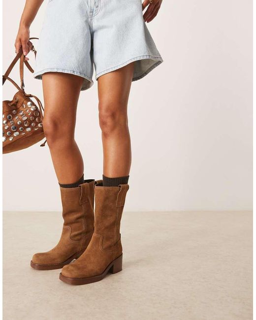 ASOS Natural Caspia Premium Suede Trucker Pull On Boots
