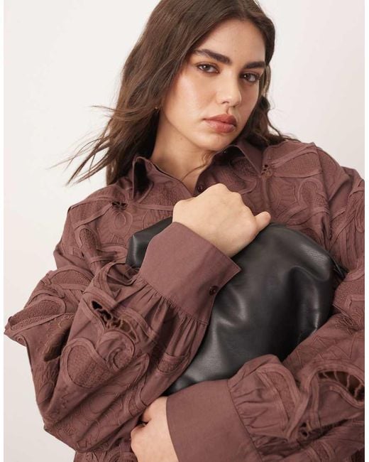 ARRANGE Brown Curve Cotton Mirrored Floral Embroidered Cutwork Shirt