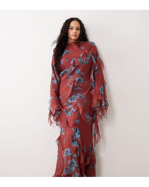 ASOS Red Asos Design Curve Draped Raw Edge Ruffle Trim Long Sleeve Maxi Dress