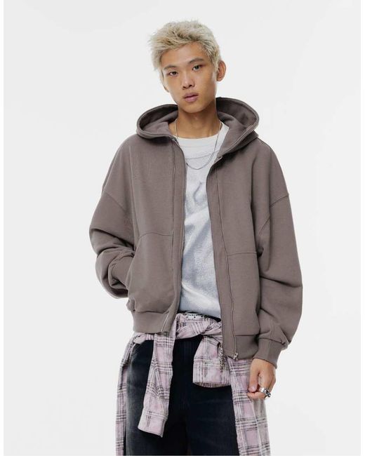 Pull&Bear Gray Double Zip-Up Hoodie for men