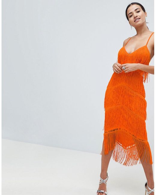 ASOS Orange Fringe & Lace Plunge Bodycon Midi Dress