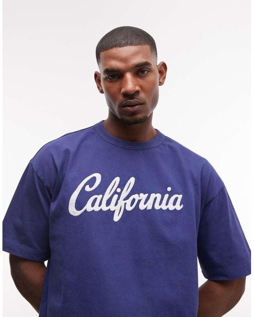 ASOS Blue Heavyweight Boxy Oversized T-shirt With California Embroidery for men