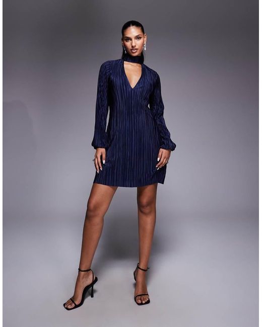 ASOS Blue Plisse V Front Choker Detail With Balloon Sleeve Mini Dress