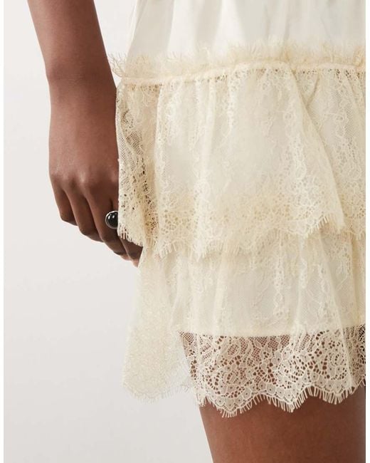 The Frolic Natural Exclusive Satin And Lace Ruffle Tiered Mini Skirt