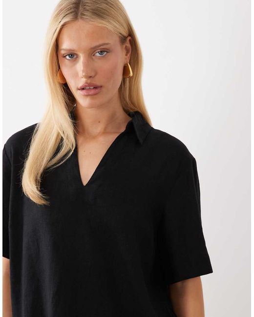 Nobody's Child Black Gale Linen Blend Short Sleeve V-neck Polo Top