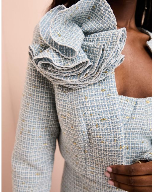ASOS Blue Boucle Cropped Blazer With Corsage Details