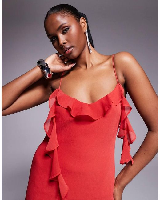 ASOS Red Textu Chiffon Maxi Dress With Trailing Ruffles