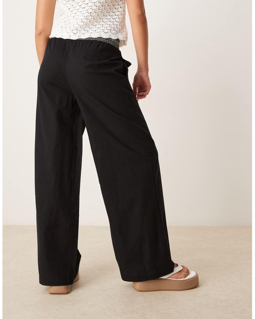 ASOS Black Linen Blend Pull On Wide Leg Trousers With Shirred Waist Detail