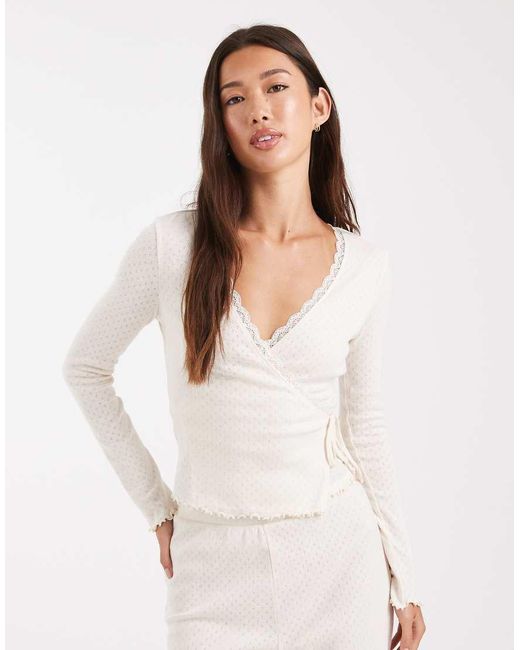 Miss Selfridge White Pointelle Wrap Top