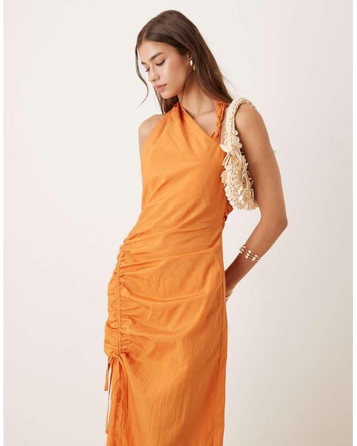 ASOS Orange Asymmetric Midi Dress With Ruched Side Channel