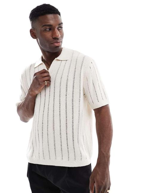 Pull&Bear White Knitted Self Stripe Polo for men