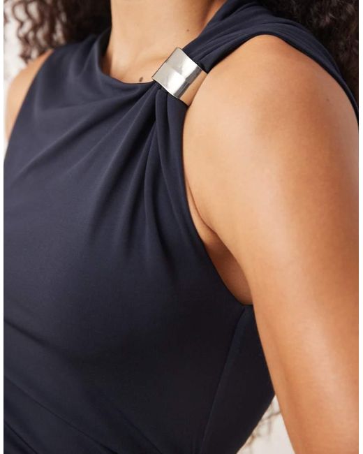 Mango Blue Slinky Maxi Dress With Twist Shoulder And Hardware Detail