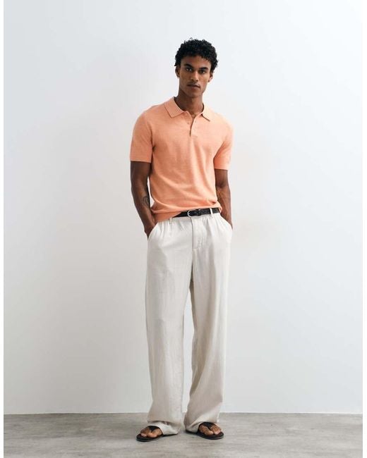 Mango Orange Knitted Revere Collar Polo Top for men