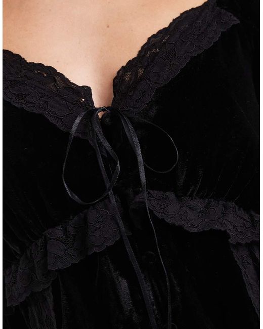 Miss Selfridge Black Velvet And Lace Puff Sleeve Maxi Dress