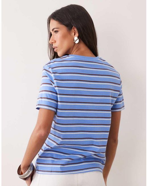 Mango Blue 100% Cotton T-shirt And And Brown Stripe