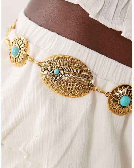 South Beach Natural Molten Chain Belt With Turquoise Stones