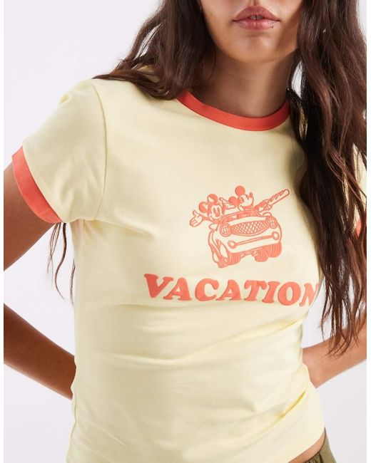 ASOS Natural Disney Ringer Baby Tee With Mickey Mouse Puff Print