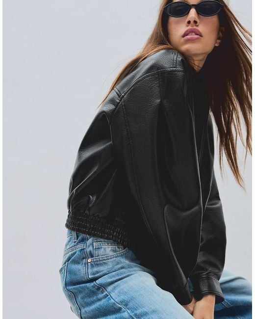 Bershka Black Oversize Leather Effect Jacket With Crossover Collar