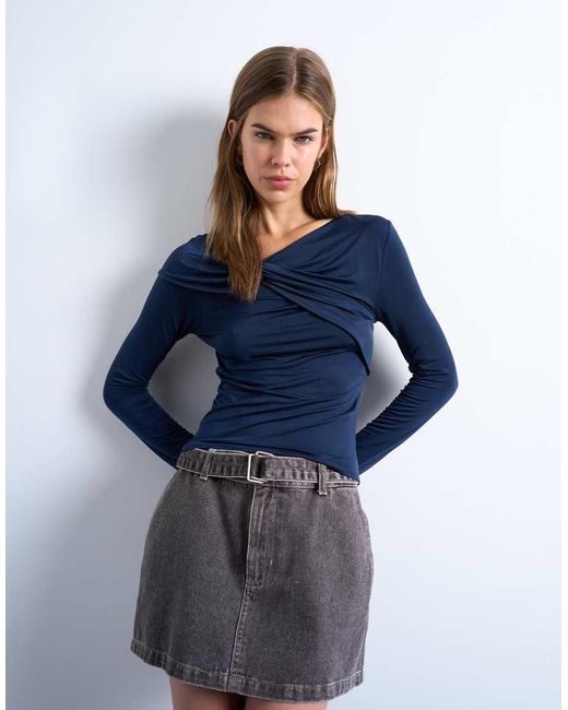 TOPSHOP Blue Microfibre Draped Long Sleeve Top