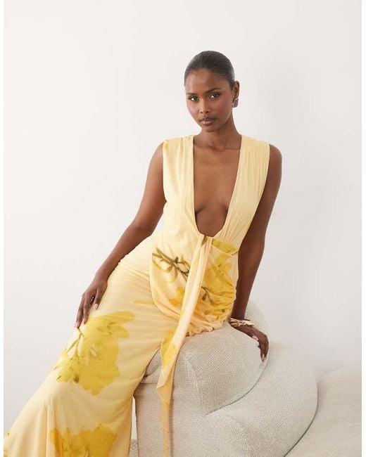 ASOS Natural Scarf Detail Plunge Draped Maxi Dress