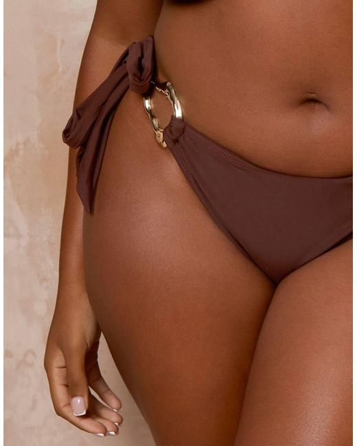 Moda Minx Curve Brown X Alessa Tyrrell-charles Tieside Bikini Bottoms With Molten Hardware Detail