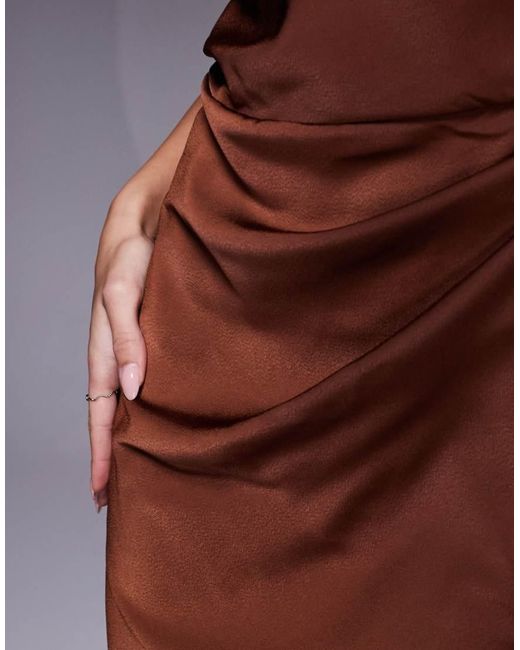 ASOS Brown Satin High Neck Pleated Bodice Midi Dress