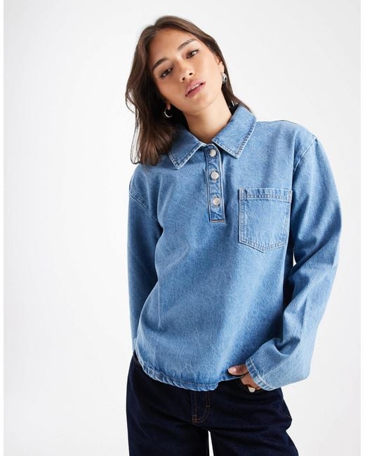 ASOS Women's Blue Denim Button Down Rugby Top