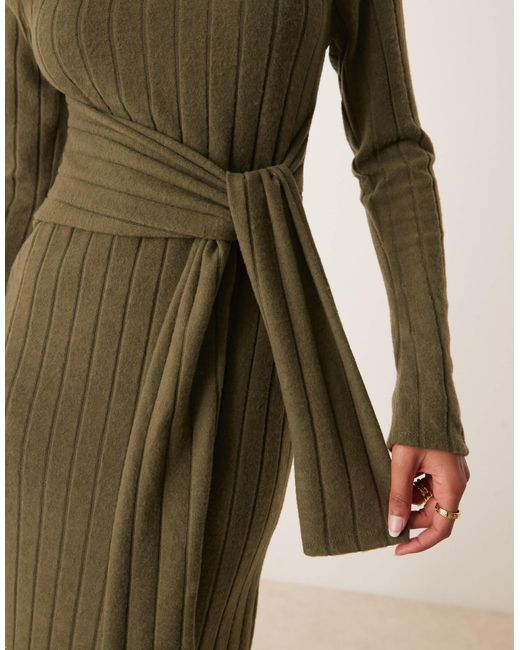 ASOS Natural Chunky Fluffy Ribbed Midi Dress With Wrap Waist