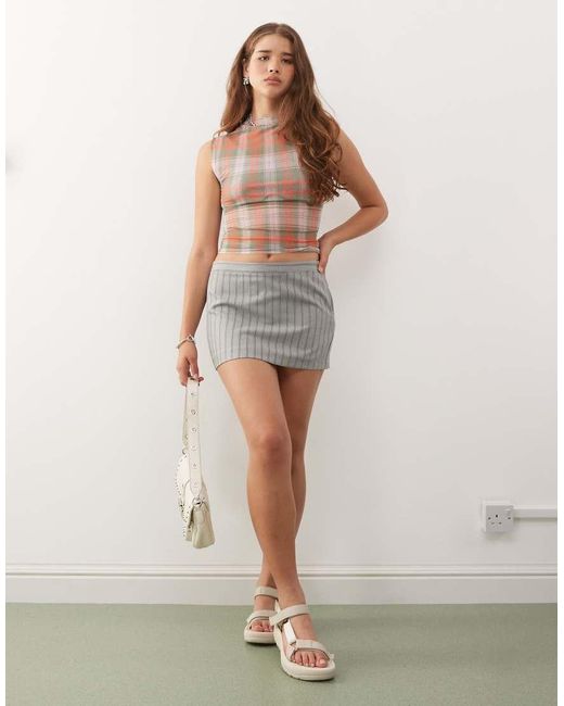 Collusion Brown Sheer Check Print Mesh Funnel Neck Top