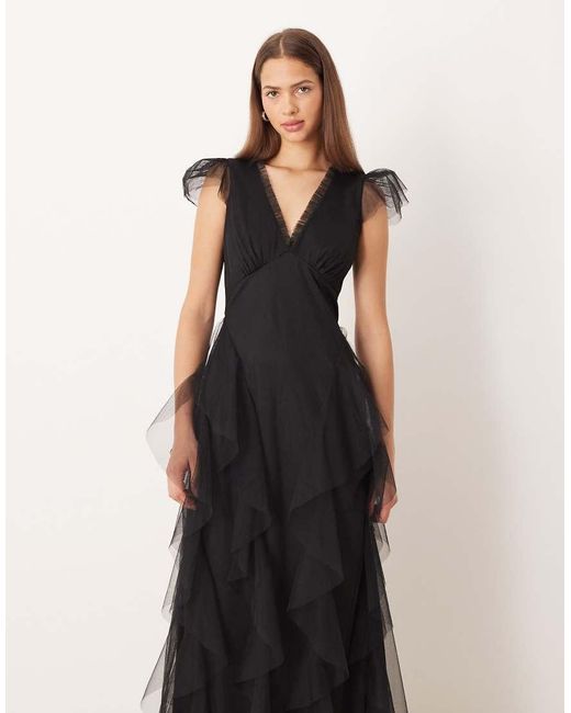 LACE & BEADS Natural Sheer Cap Sleeve Ruffle Maxi Dress