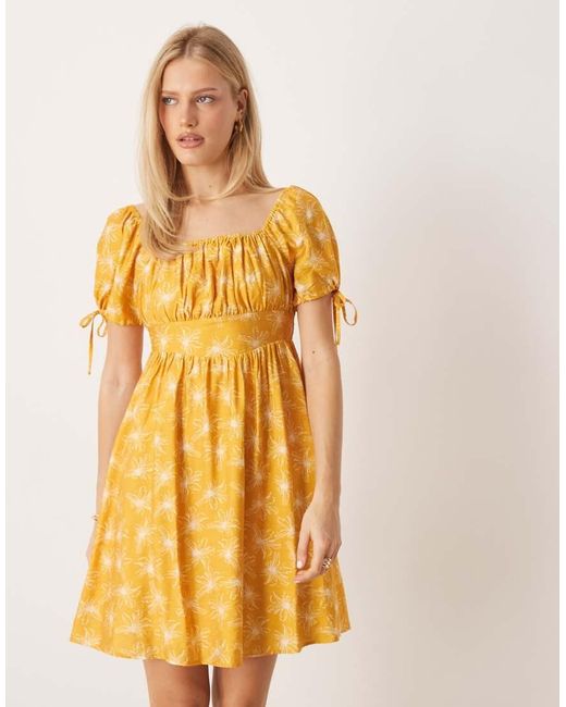 Lovedrobe Yellow Elasticated Square Neck Short Sleeve Mini Dress