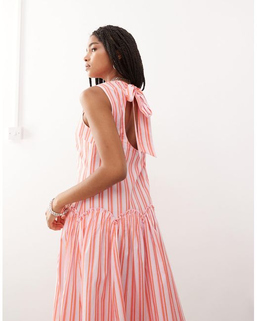 Reclaimed (vintage) Pink Midi Smock Dress With Waist Ruffle Detail