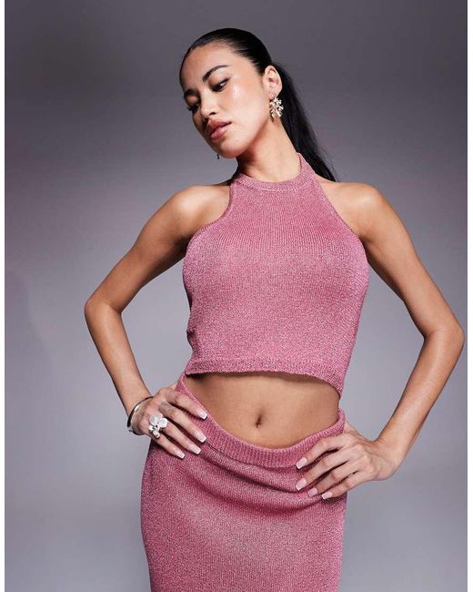 Aria Cove Pink Metallic Knit Halterneck Top Co-Ord