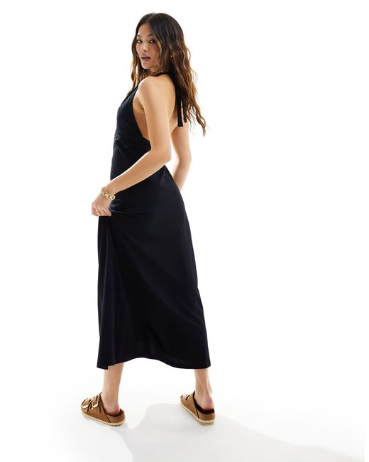 ASOS Black Halter Midi Dress With Button Front