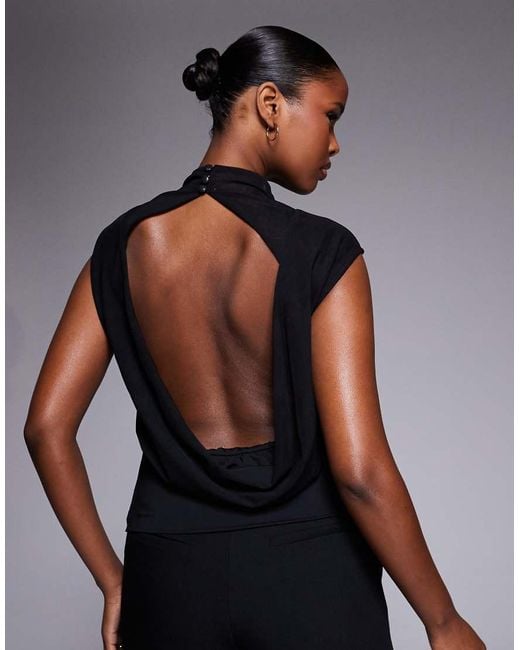 ASOS Blue Mesh High Neck Top With Open Cowl Back